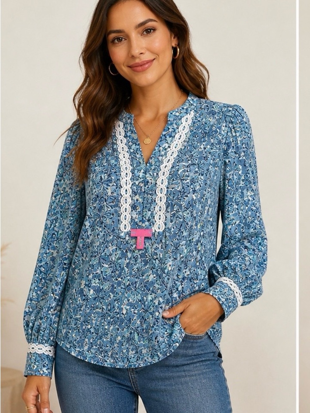Lilly Pulitzer Blue Floral Lace-Trim V-Neck Blouse
